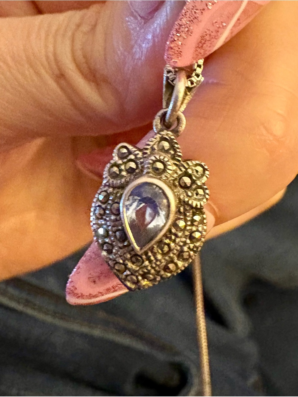 Beautiful Silver/Gold Marcasite Teardrop Stone and Pendant Necklace